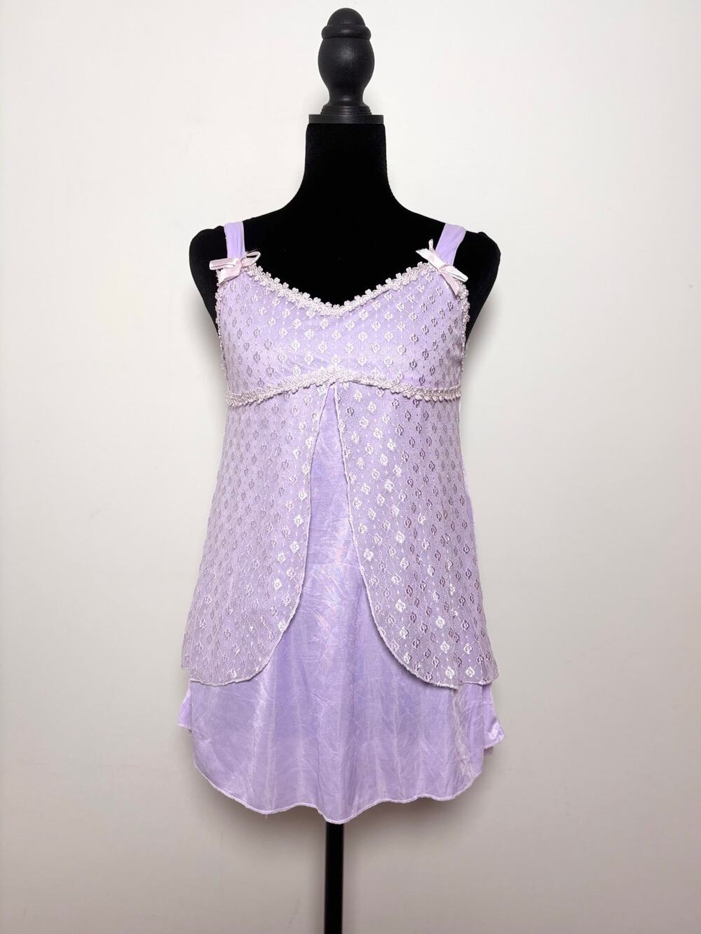 Purple Slinky Babydoll Slip Top Sheer Lace Curtain Details Pink Bows Size S/M